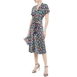 PACO RABANNE Multicolor Floral Print Stretch Jersey Silver Buckle Midi Dress XS